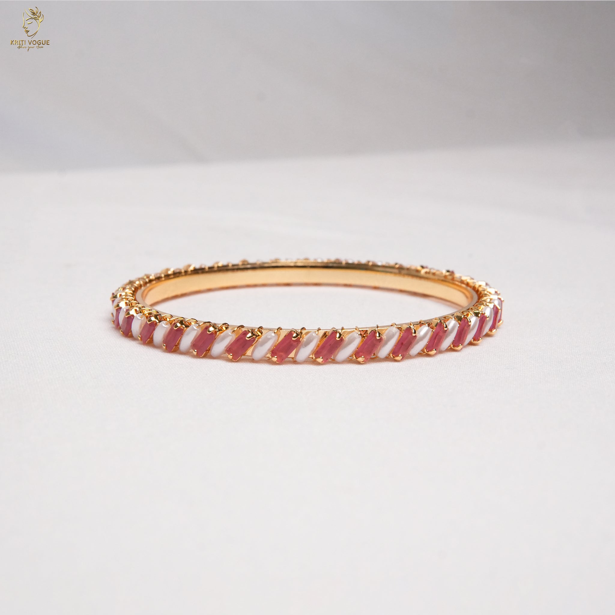 Gold Marquise Stone Bangle | Pink Ruby & Pearl | Elegant Festive Wear | KV-1044