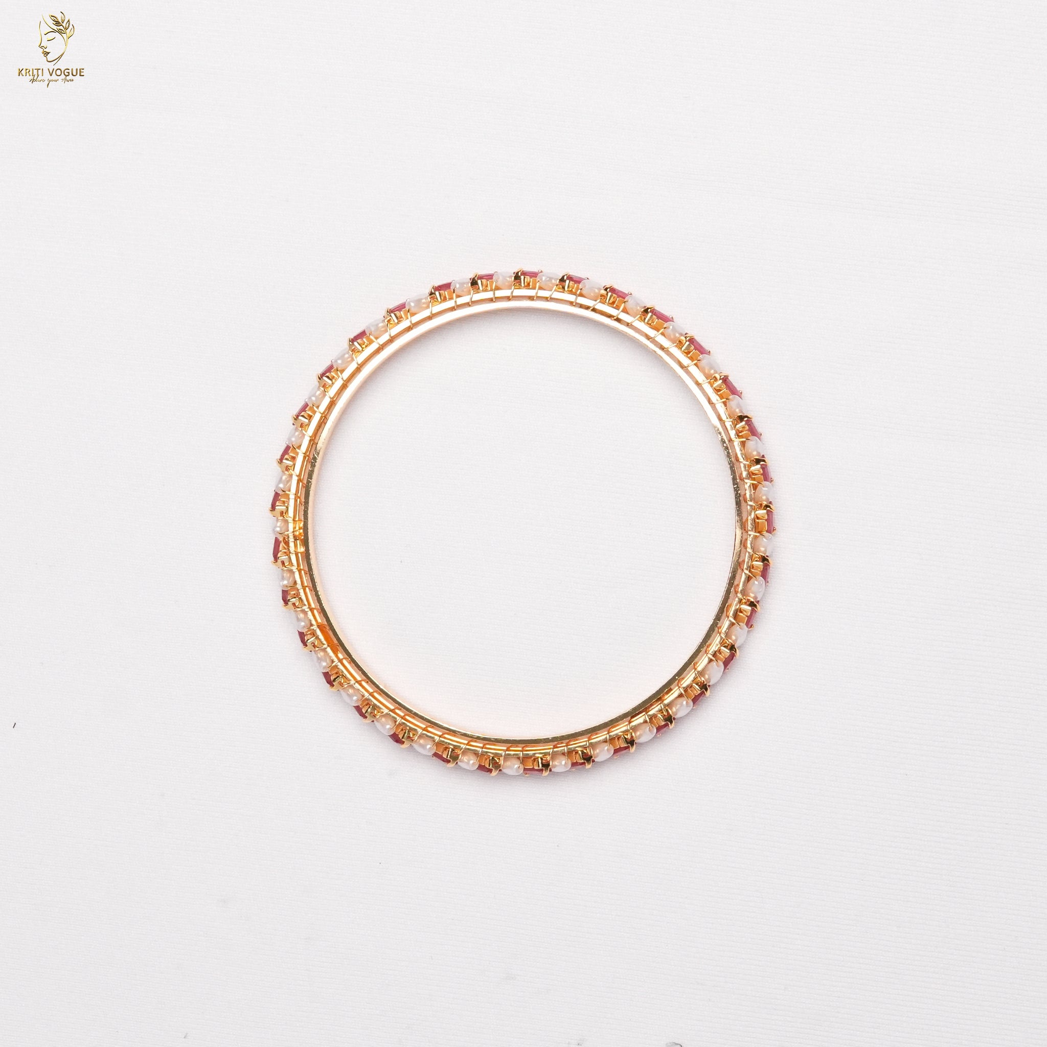Gold Marquise Stone Bangle | Pink Ruby & Pearl | Elegant Festive Wear | KV-1044