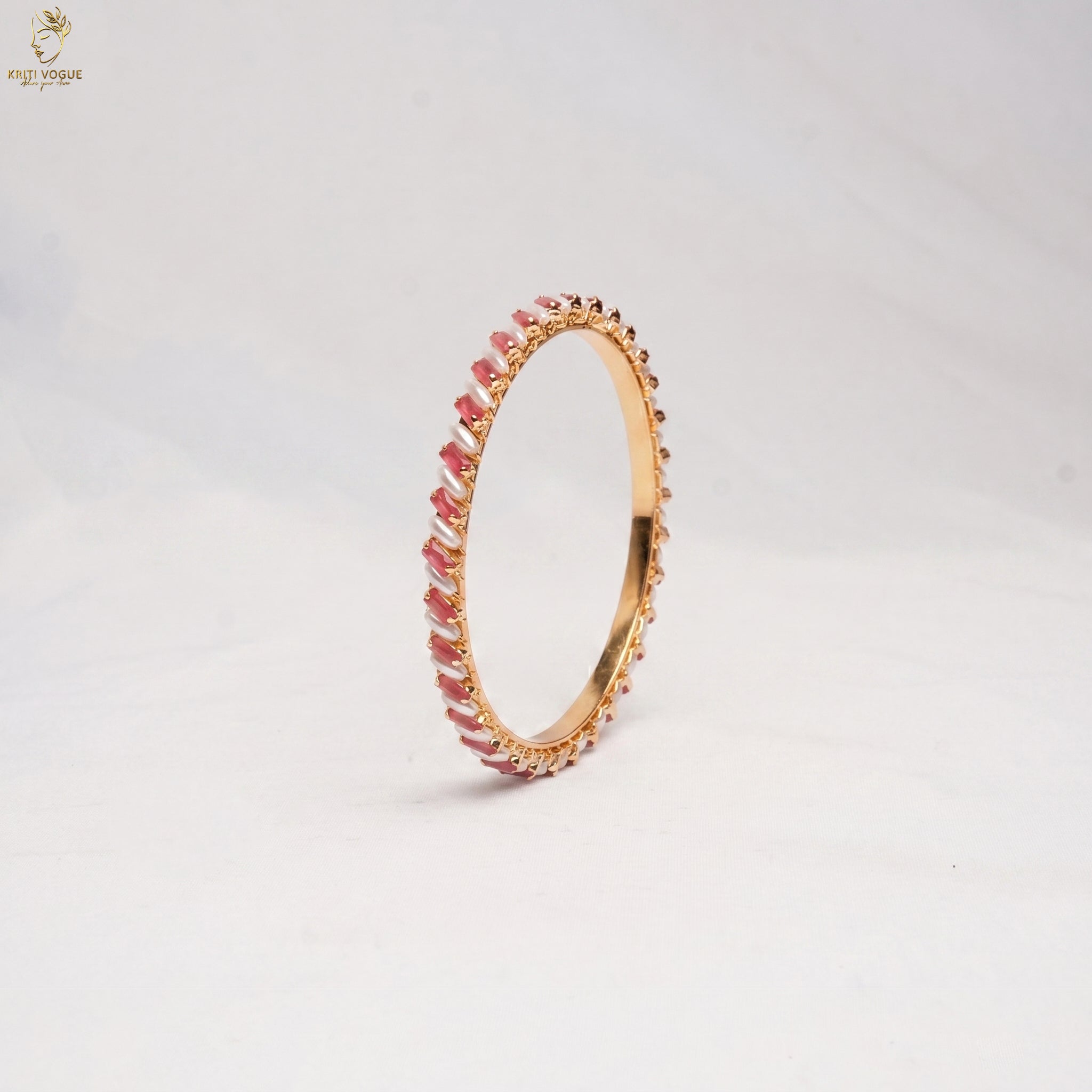Gold Marquise Stone Bangle | Pink Ruby & Pearl | Elegant Festive Wear | KV-1044