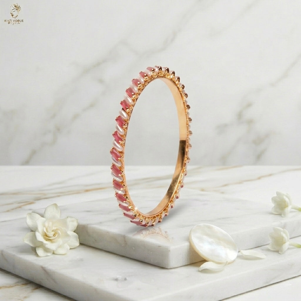 Gold Marquise Stone Bangle | Pink Ruby & Pearl | Elegant Festive Wear | KV-1044