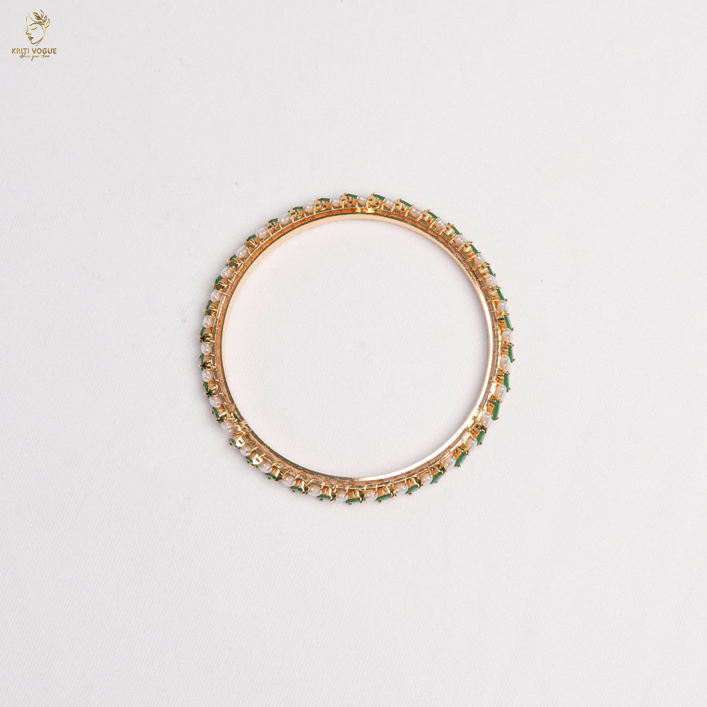 Gold Marquise Stone Bangle | Emerald Green & Pearl | Festive Ethnic Wear | KV-1045