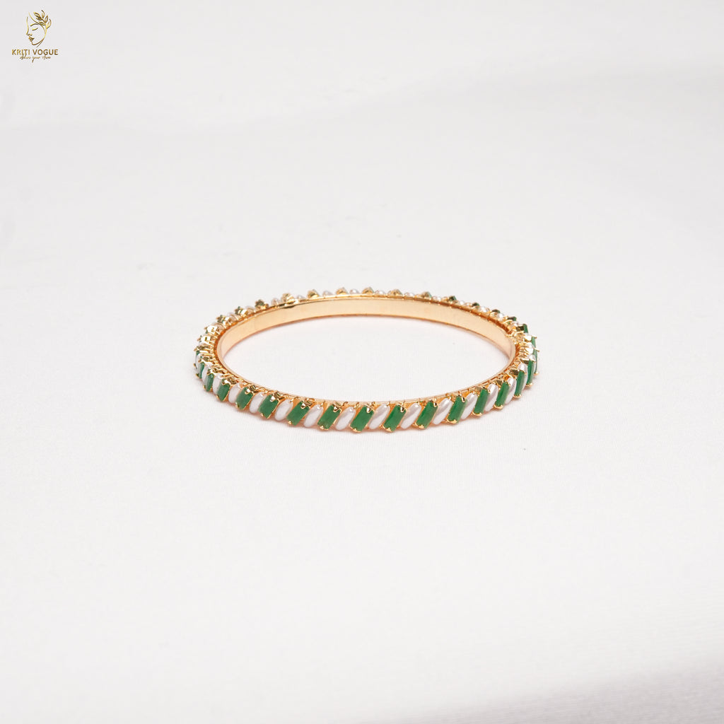 Gold Marquise Stone Bangle | Emerald Green & Pearl | Festive Ethnic Wear | KV-1045