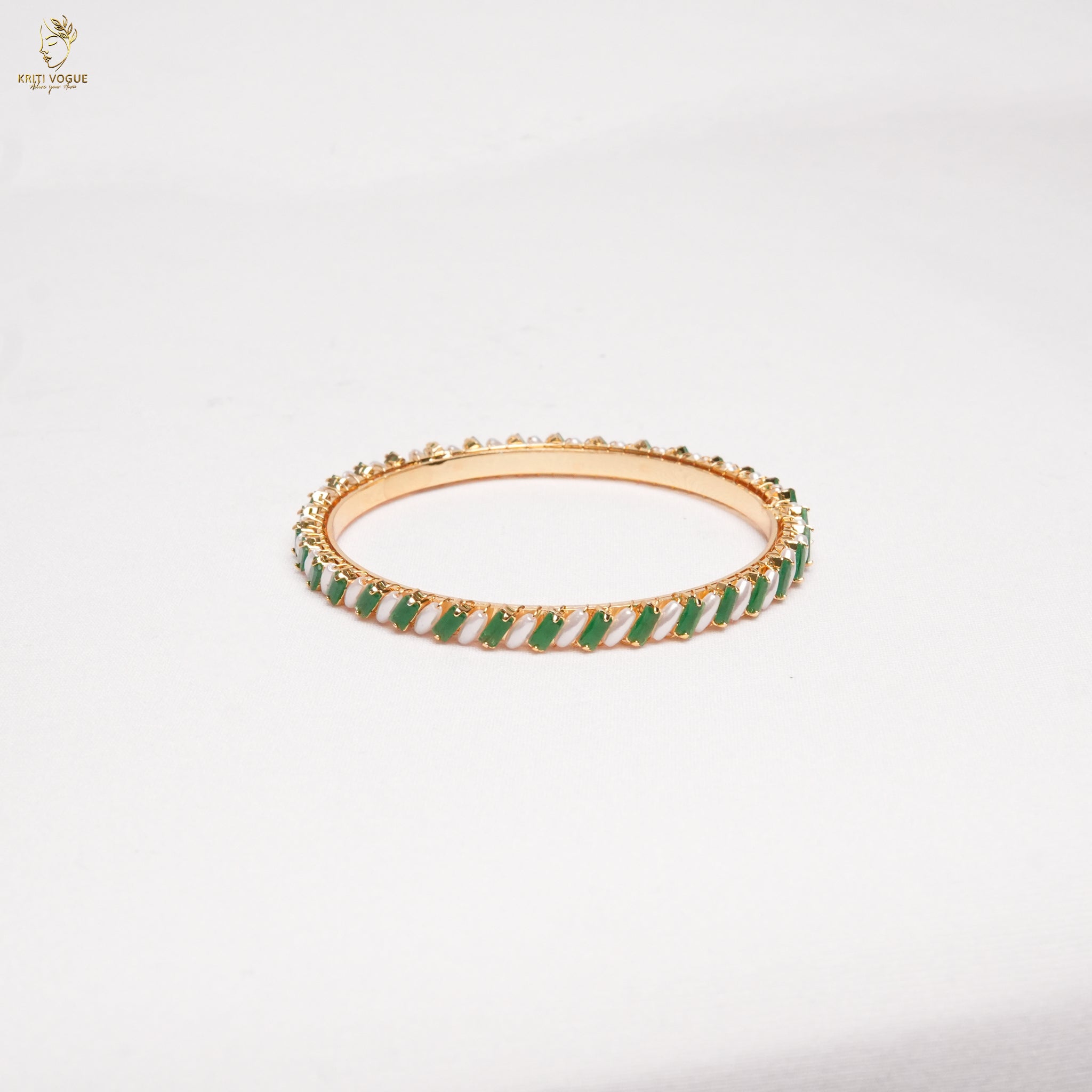 Gold Marquise Stone Bangle | Emerald Green & Pearl | Festive Ethnic Wear | KV-1045