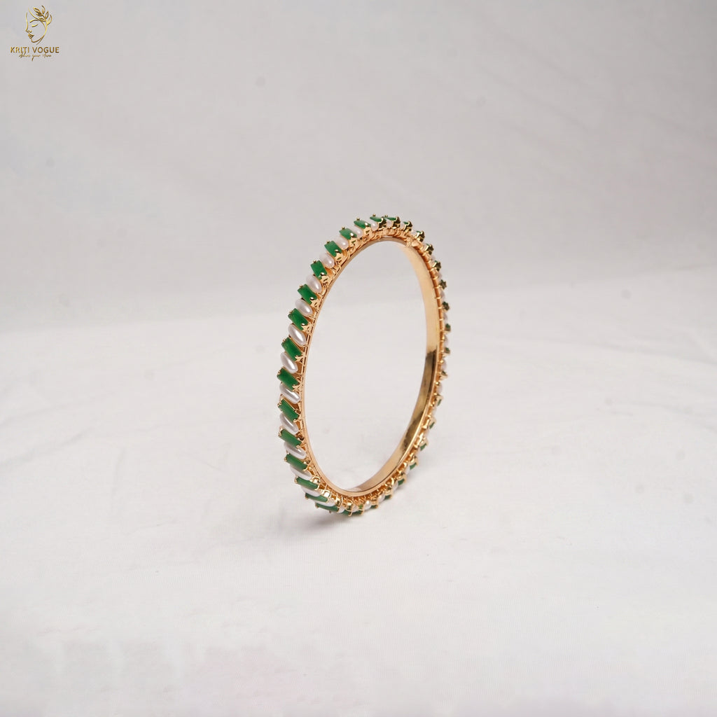 Gold Marquise Stone Bangle | Emerald Green & Pearl | Festive Ethnic Wear | KV-1045