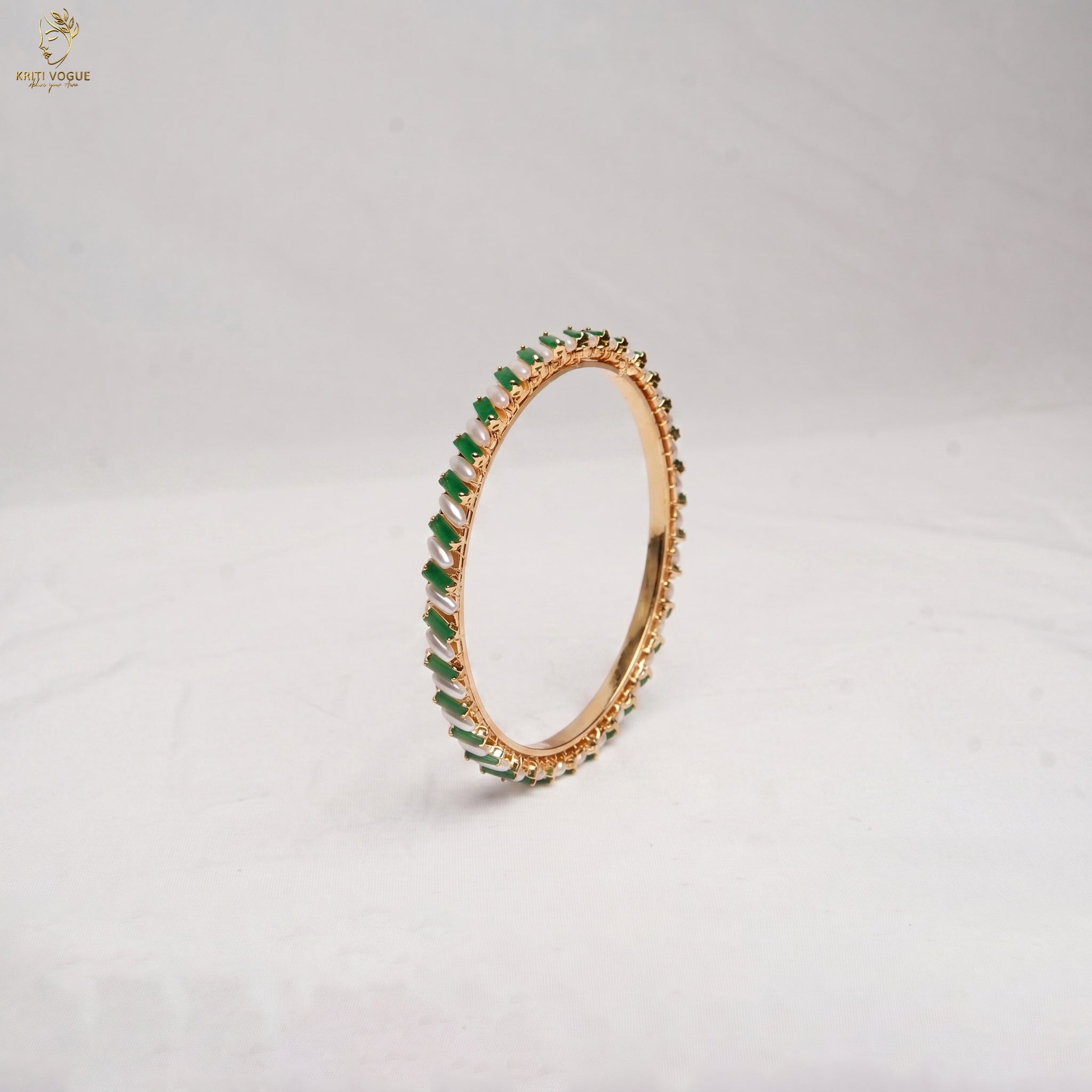 Gold Marquise Stone Bangle | Emerald Green & Pearl | Festive Ethnic Wear | KV-1045