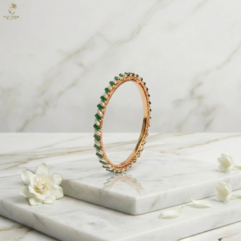 Gold Marquise Stone Bangle | Emerald Green & Pearl | Festive Ethnic Wear | KV-1045