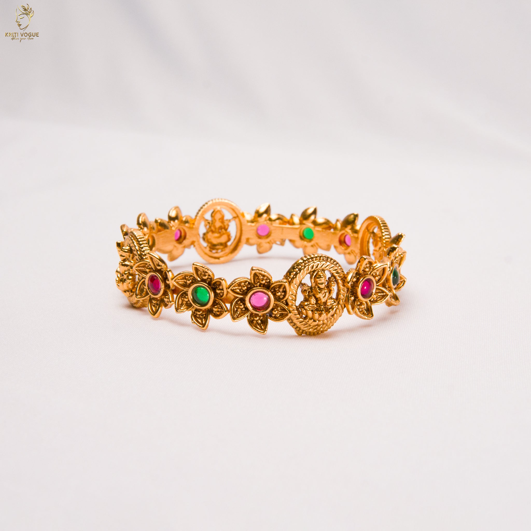 Antique Gold Peacock Cuff Bangle | Ruby & Emerald Stone | Adjustable | KV-1058