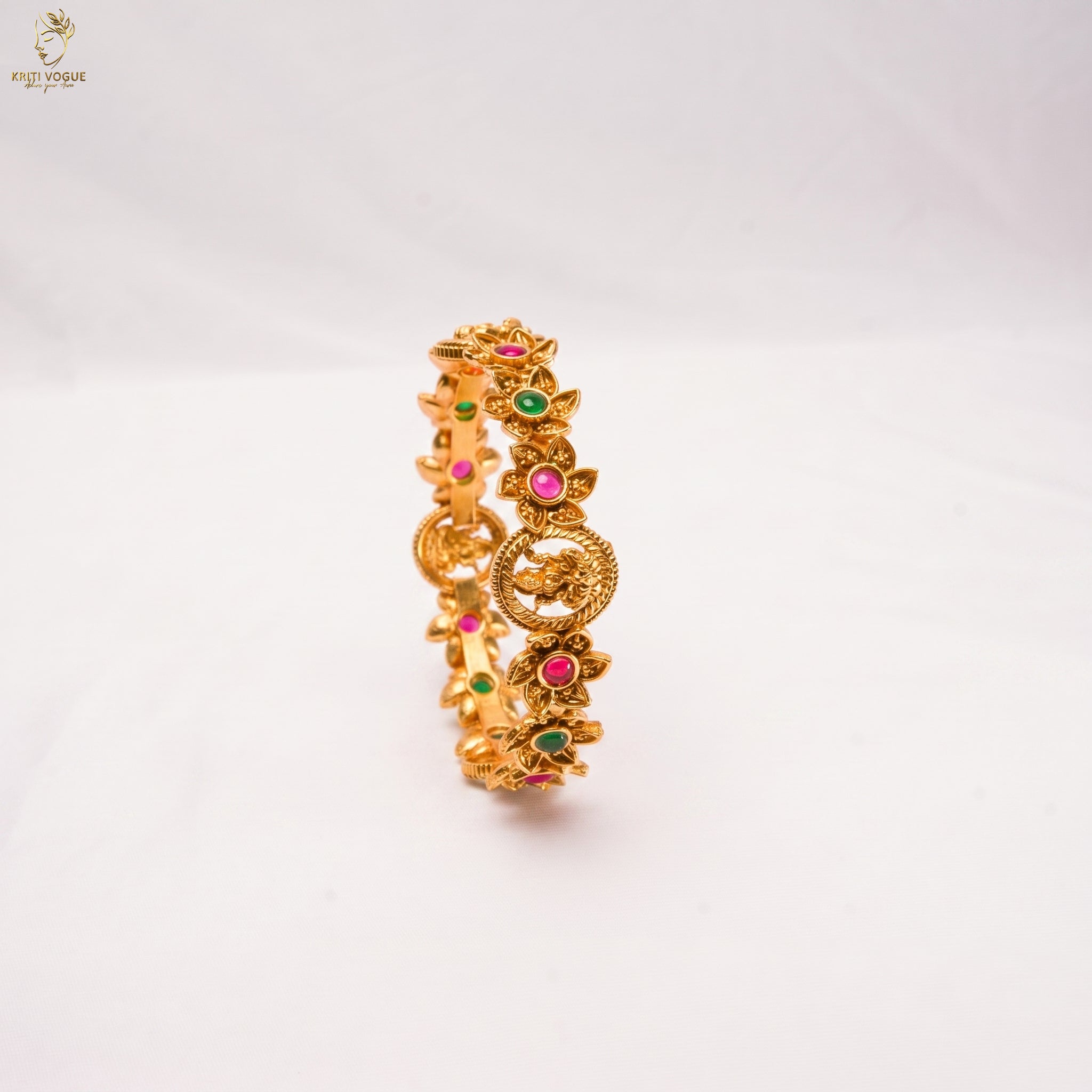 Antique Gold Peacock Cuff Bangle | Ruby & Emerald Stone | Adjustable | KV-1058