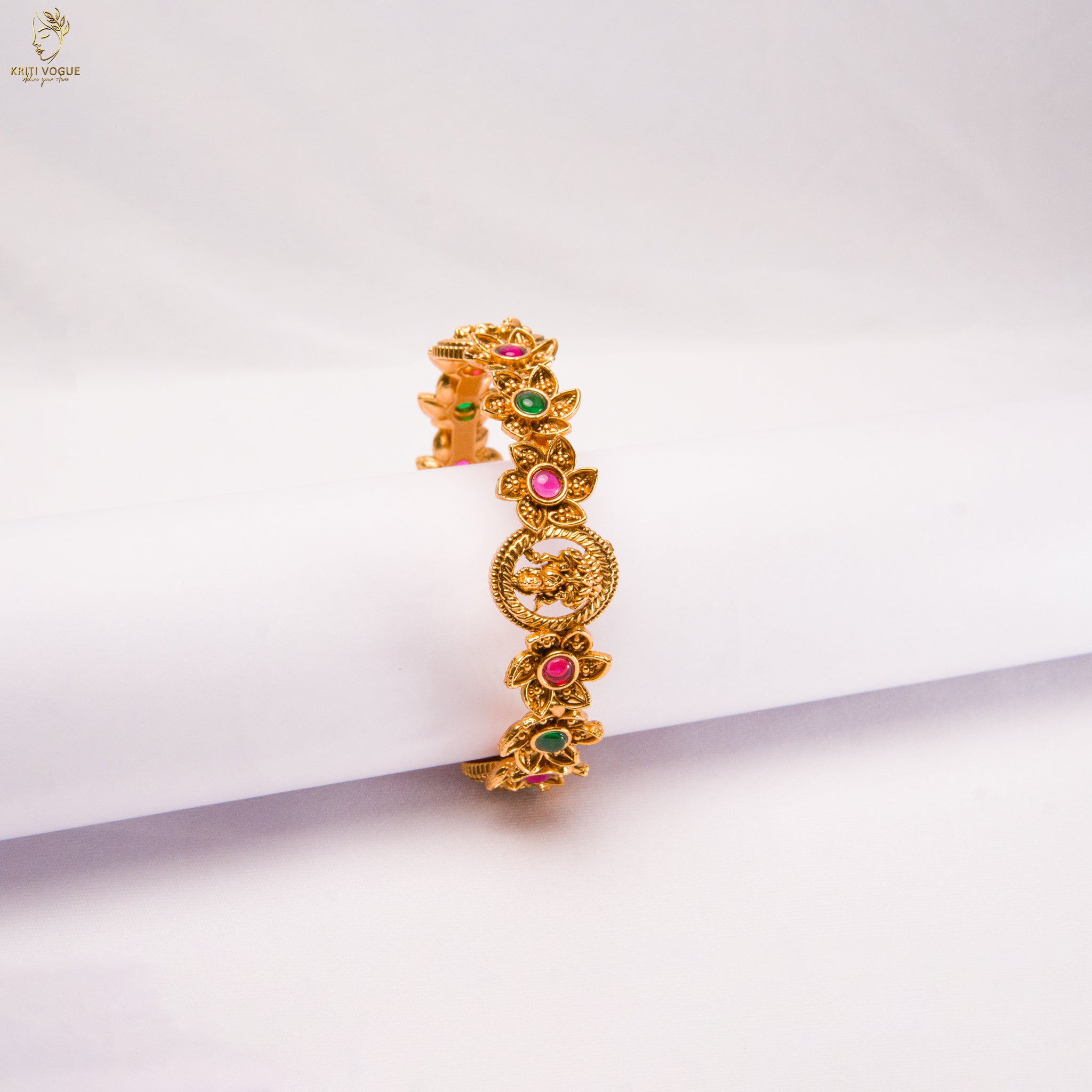 Antique Gold Peacock Cuff Bangle | Ruby & Emerald Stone | Adjustable | KV-1058