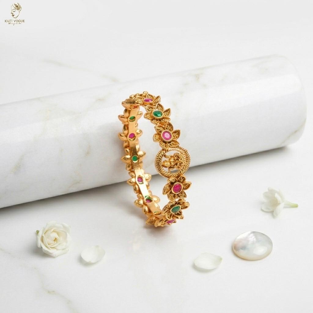 Antique Gold Peacock Cuff Bangle | Ruby & Emerald Stone | Adjustable | KV-1058