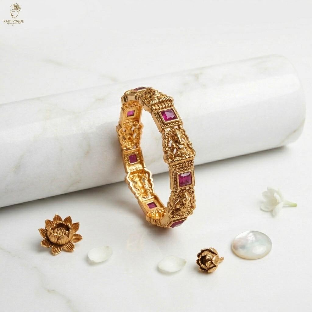 Gold Lakshmi Temple Bangle | Square Ruby Stone | South Indian Festive | KV-1075
