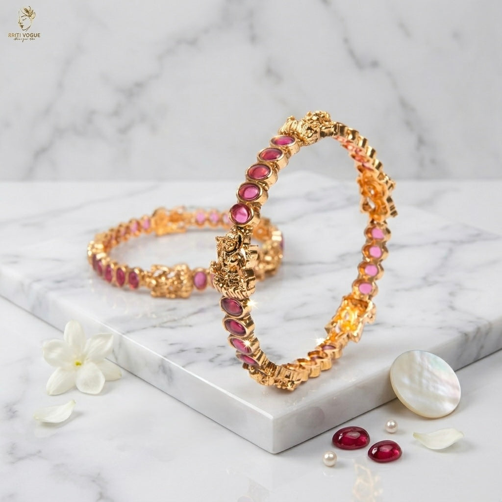 Slim Gold Box Link Bangle Pair | Geometric Floral | Everyday Festive | KV-1077