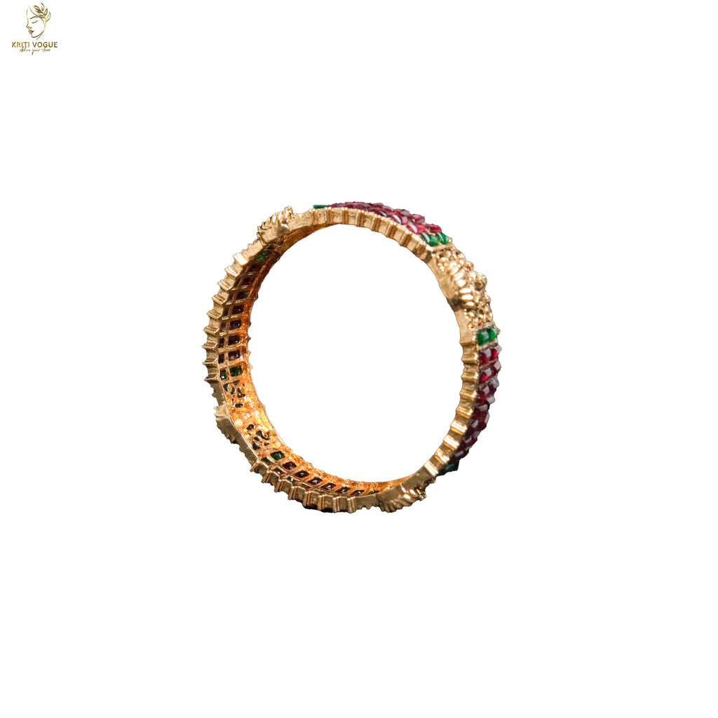 Wide Red & Green Stone Bangle | Ruby Emerald Baguette Rows | Bold Festive | KV-1082