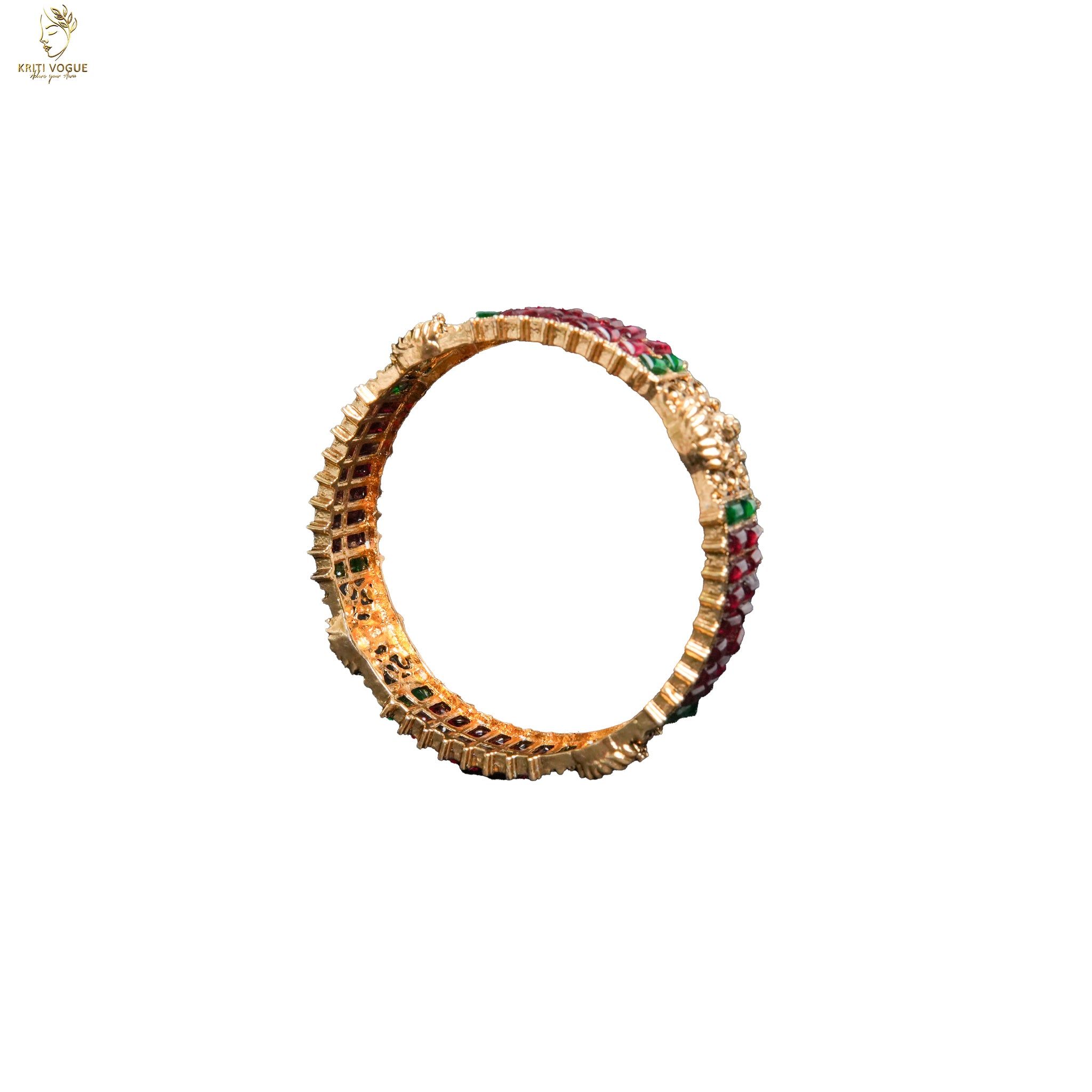 Wide Red & Green Stone Bangle | Ruby Emerald Baguette Rows | Bold Festive | KV-1082