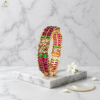 Wide Red & Green Stone Bangle | Ruby Emerald Baguette Rows | Bold Festive | KV-1082