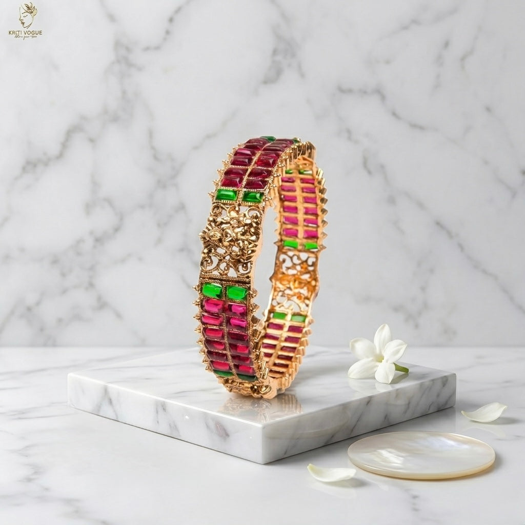 Wide Red & Green Stone Bangle | Ruby Emerald Baguette Rows | Bold Festive | KV-1082