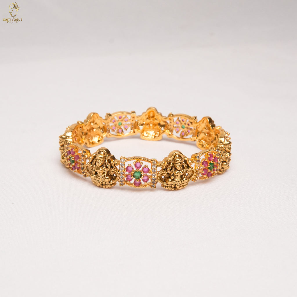 Gold Temple Floral Bangle | Lakshmi Motif | Ruby & Emerald | Bridal Wear | KV-1112