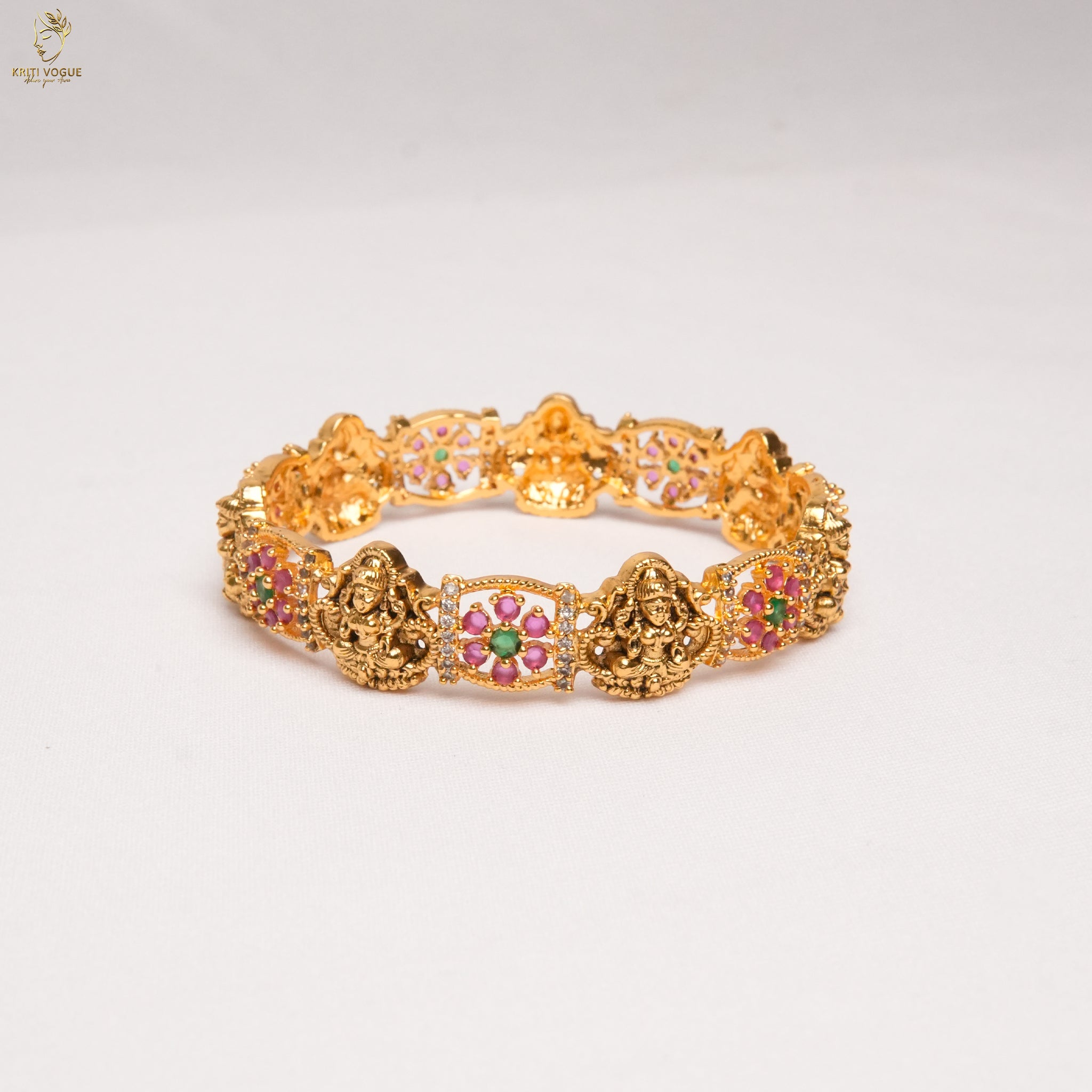 Gold Temple Floral Bangle | Lakshmi Motif | Ruby & Emerald | Bridal Wear | KV-1112