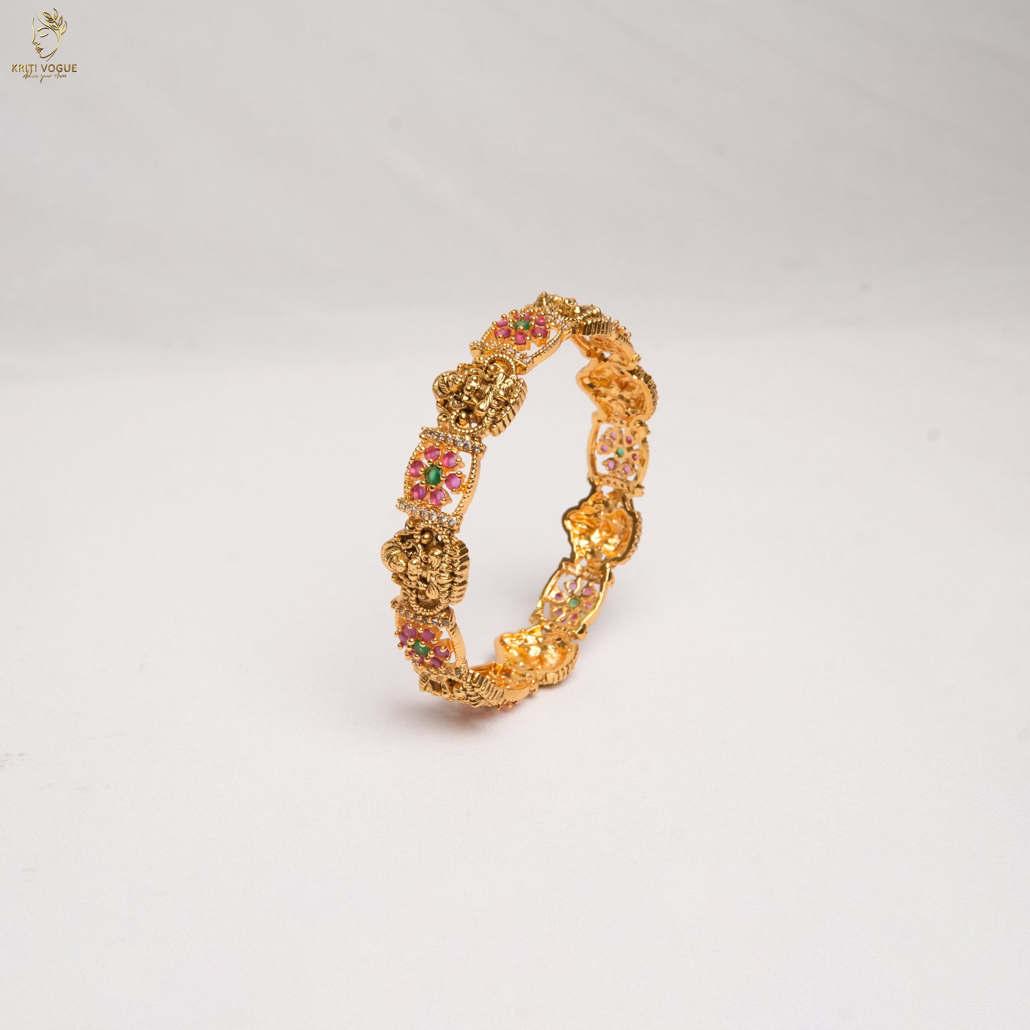 Gold Temple Floral Bangle | Lakshmi Motif | Ruby & Emerald | Bridal Wear | KV-1112