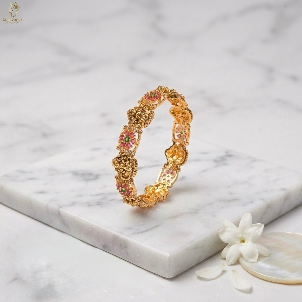 Gold Temple Floral Bangle | Lakshmi Motif | Ruby & Emerald | Bridal Wear | KV-1112
