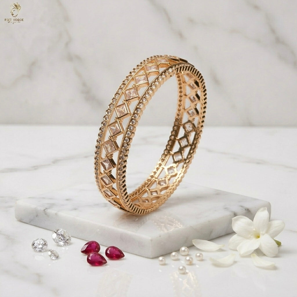 Wide AD Kundan Lattice Bangle Pair | Diamond Pattern | Bridal Statement | KV-1140
