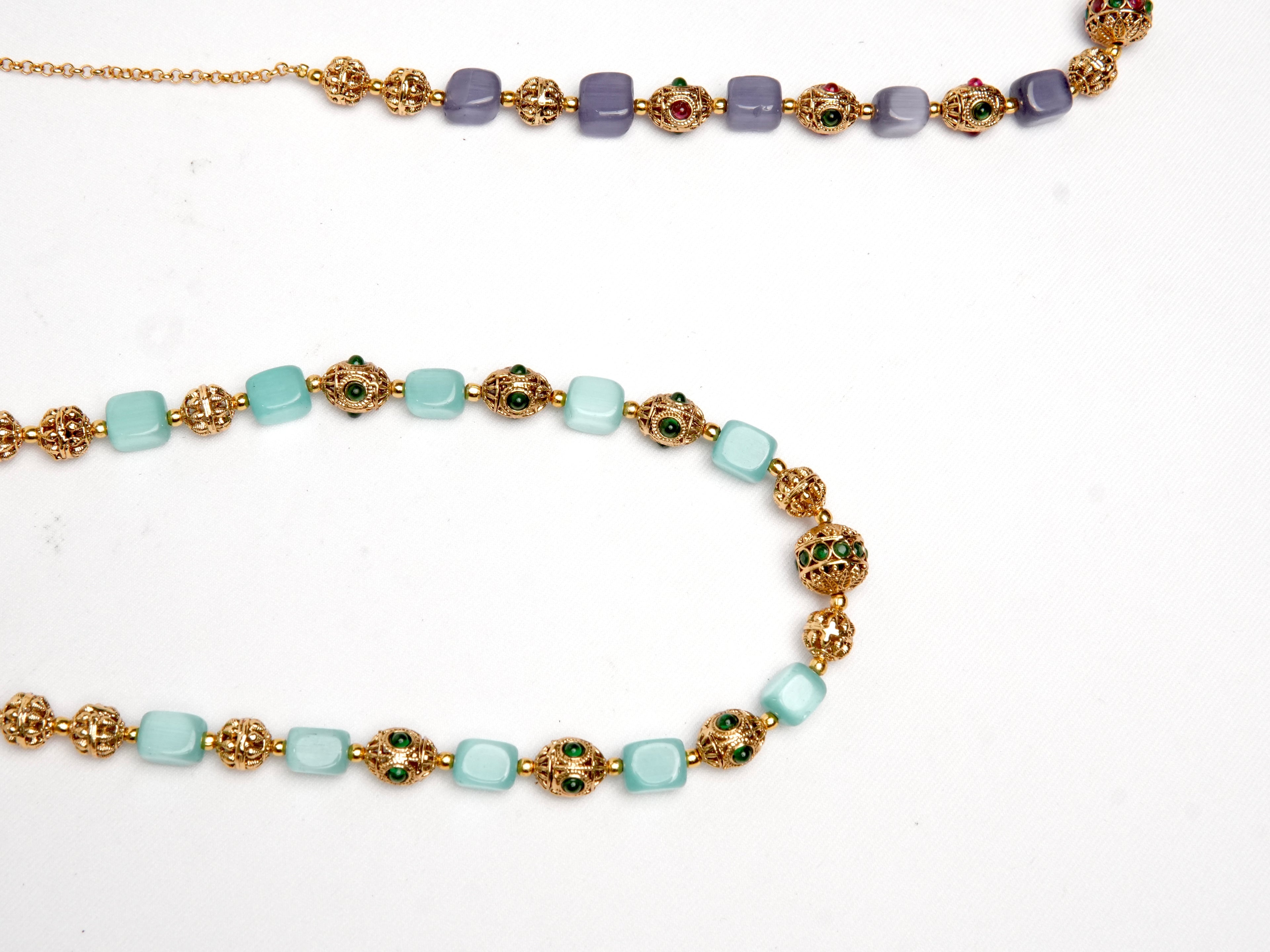 Two-Strand Beaded Mala Necklace | Kundan Stone & Gold Filigree | 3 Colours | KV-1716