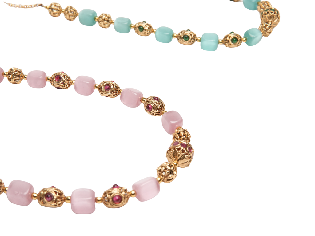 Two-Strand Beaded Mala Necklace | Kundan Stone & Gold Filigree | 3 Colours | KV-1716