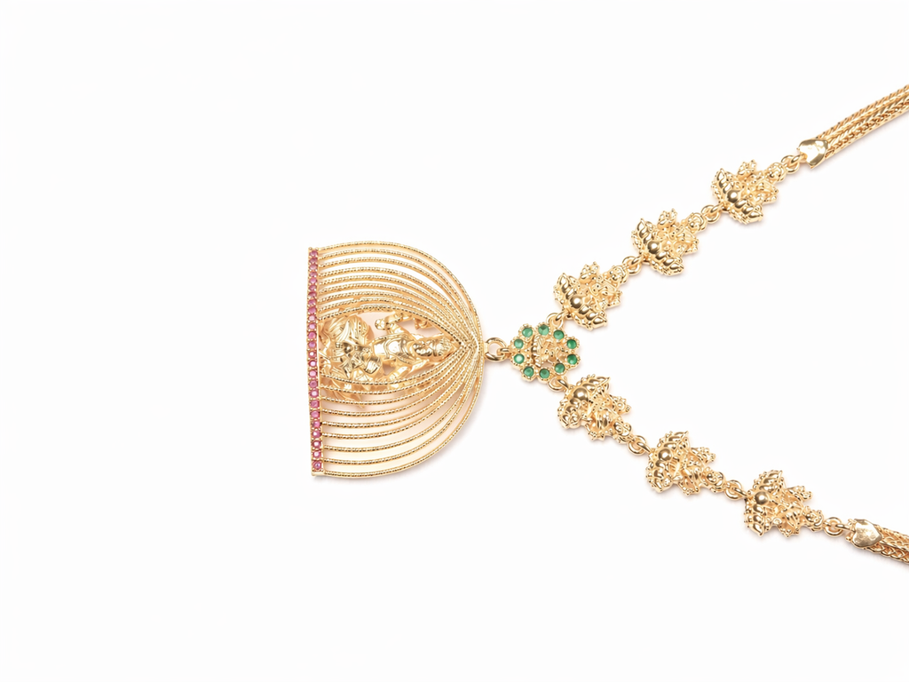 Gold Lotus Temple Pendant Necklace | Double-Strand Chain | Lakshmi Ruby | KV-198