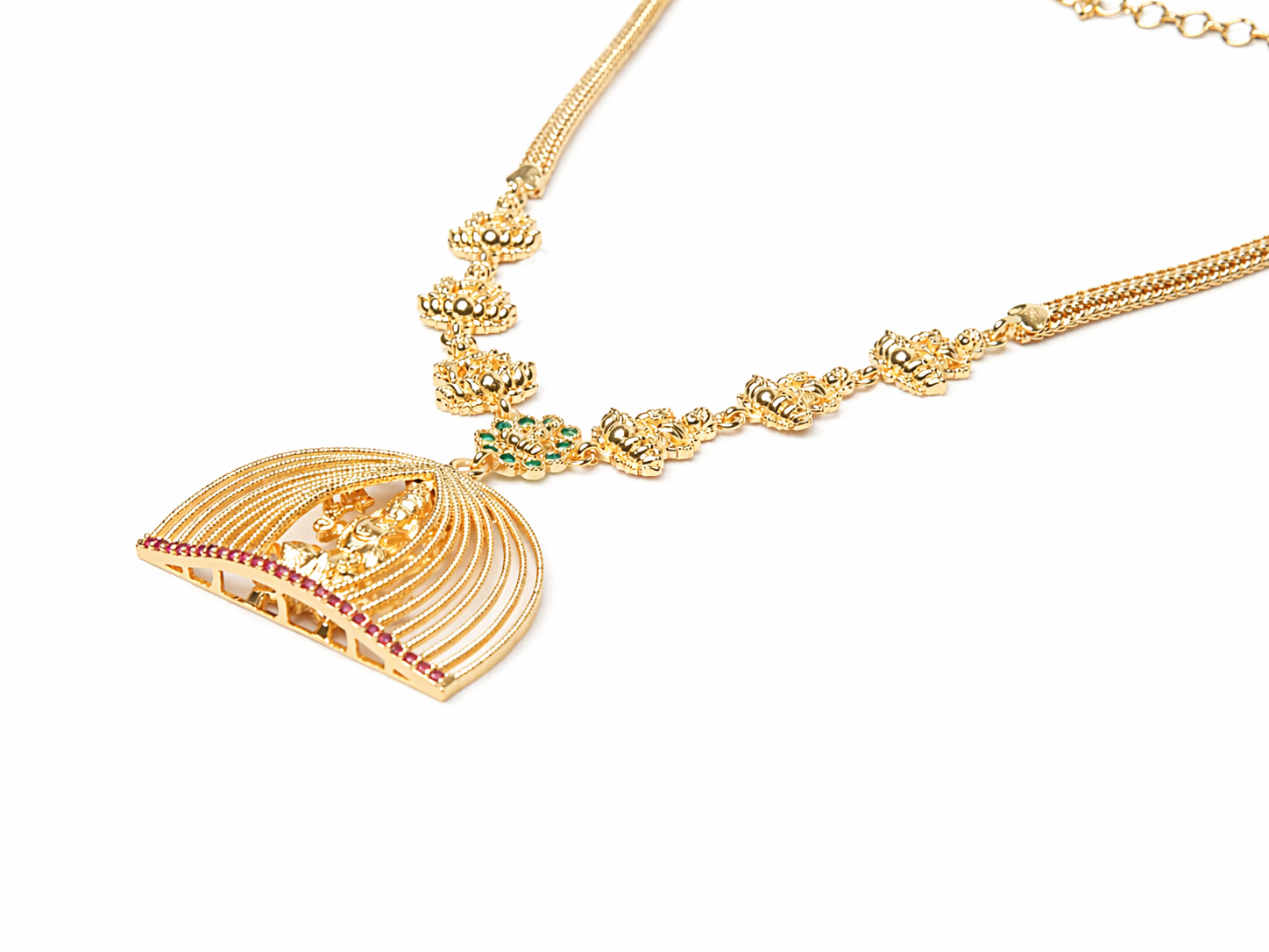 Gold Lotus Temple Pendant Necklace | Double-Strand Chain | Lakshmi Ruby | KV-198