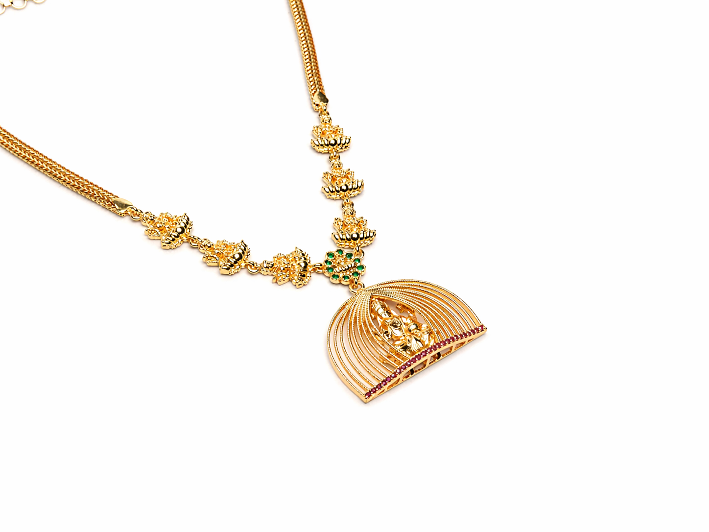 Gold Lotus Temple Pendant Necklace | Double-Strand Chain | Lakshmi Ruby | KV-198
