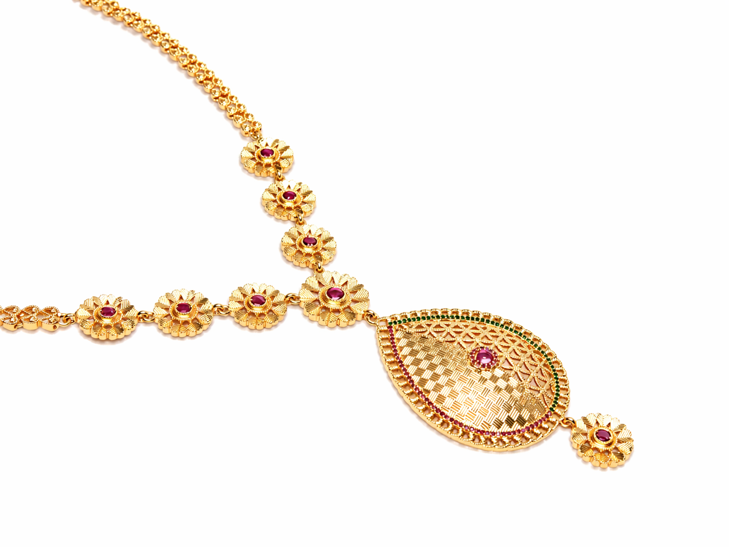 Gold Ruby Floral Link Necklace | Teardrop Pendant | Ruby & Emerald Accent | KV-201
