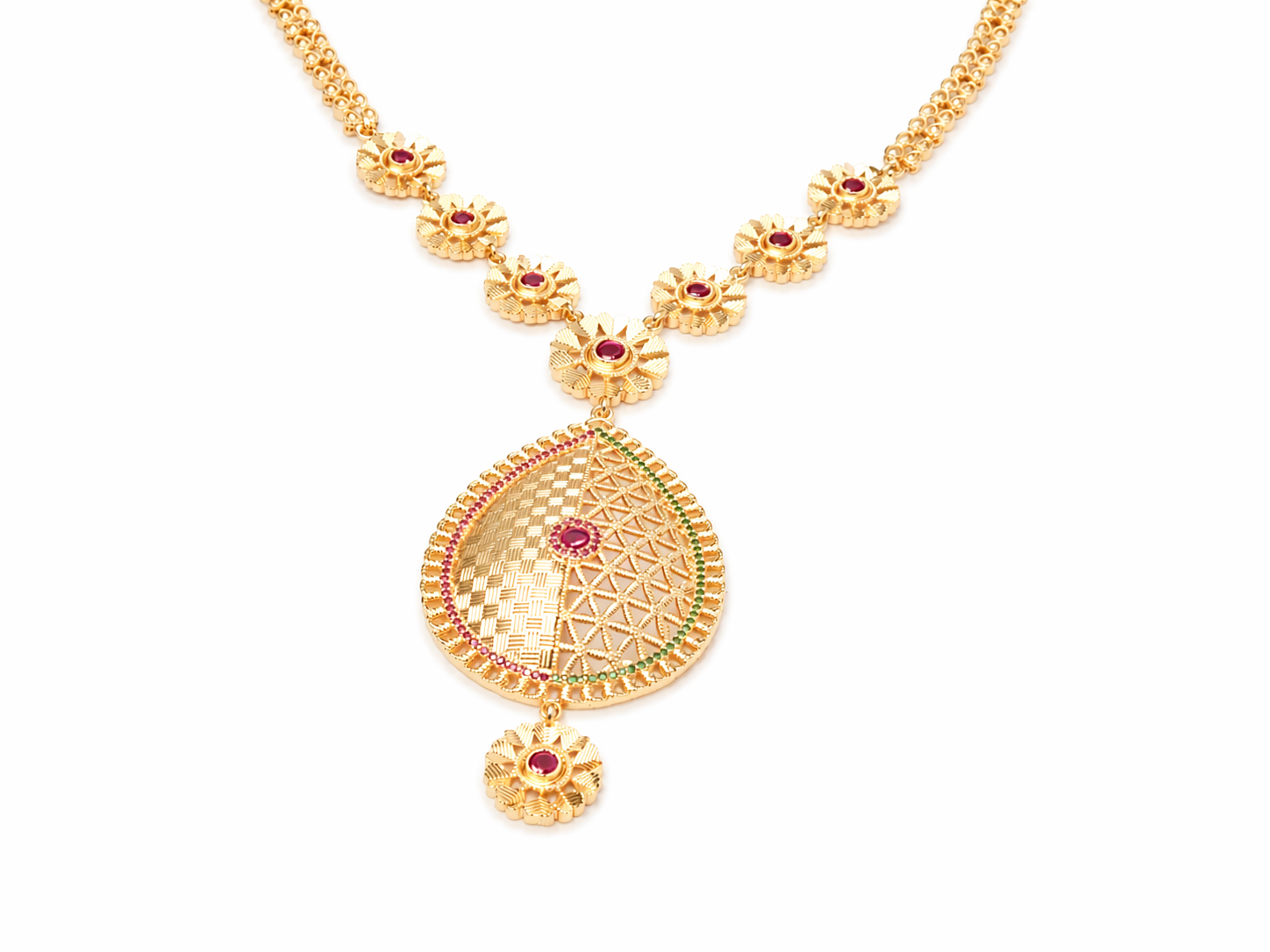 Gold Ruby Floral Link Necklace | Teardrop Pendant | Ruby & Emerald Accent | KV-201