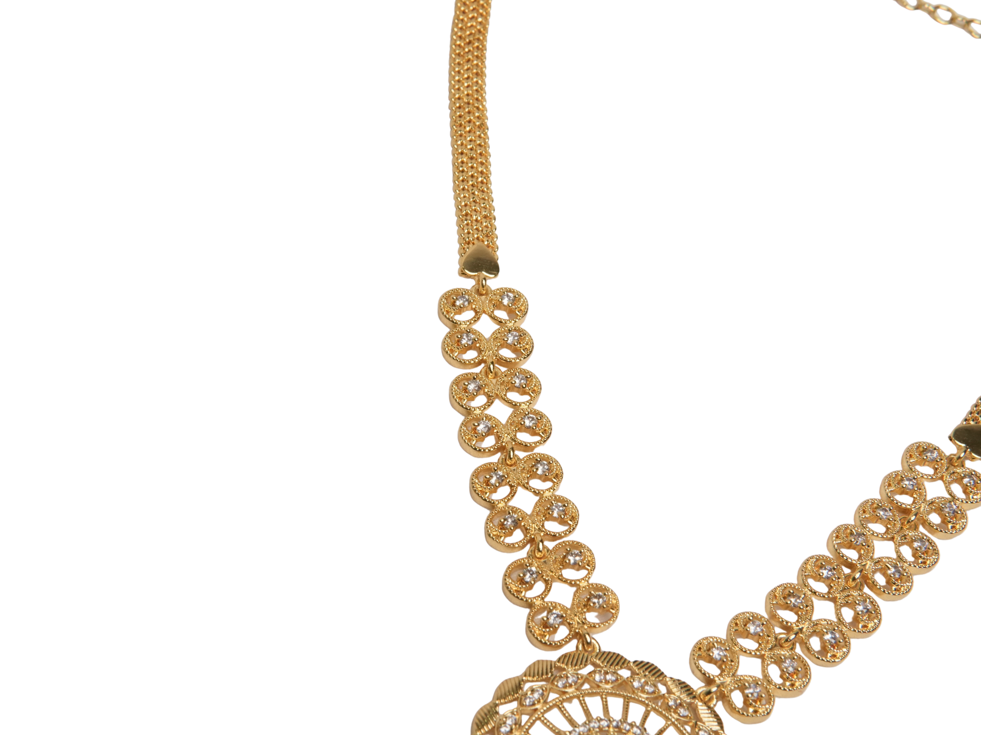 Gold Filigree Medallion Statement Necklace | Tassel Drops | CZ Mesh Chain | KV-243