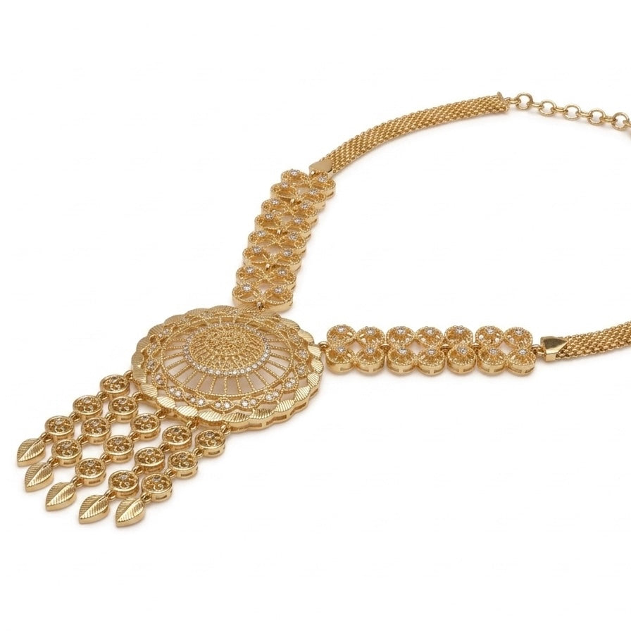 Gold Filigree Medallion Statement Necklace | Tassel Drops | CZ Mesh Chain | KV-243