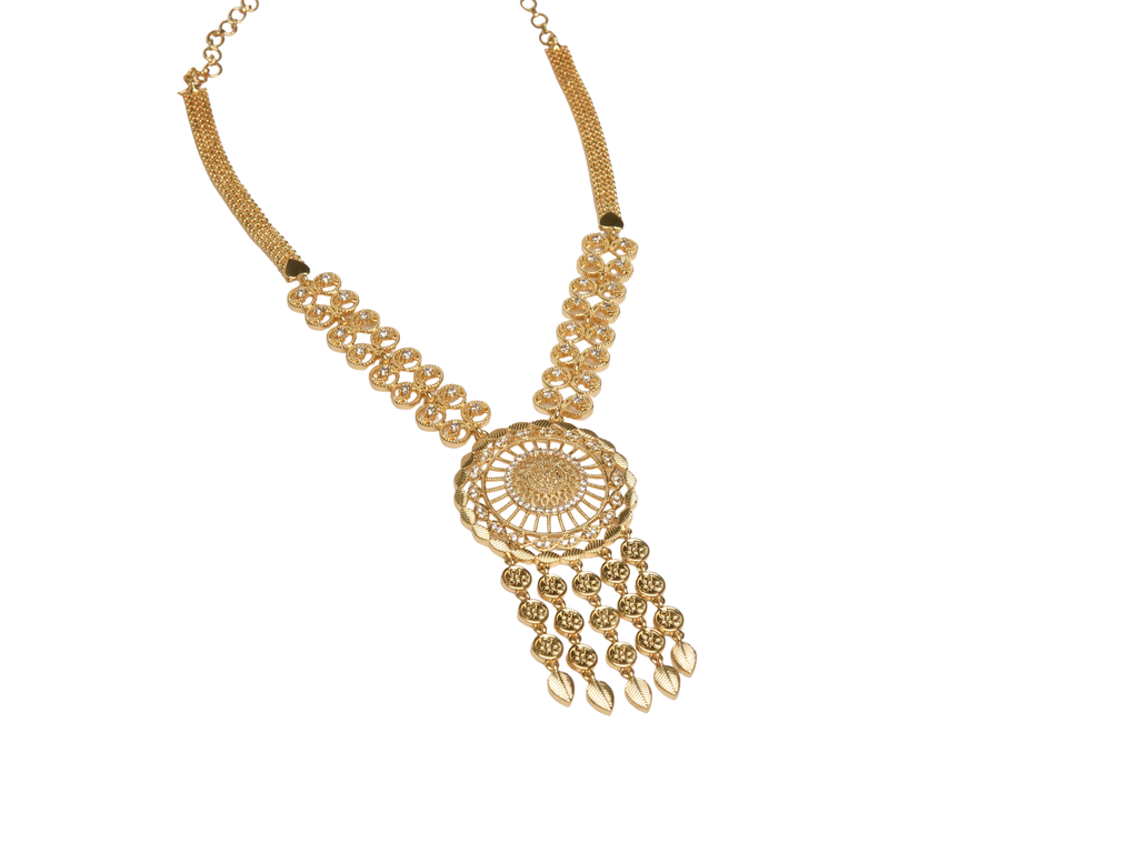 Gold Filigree Medallion Statement Necklace | Tassel Drops | CZ Mesh Chain | KV-243