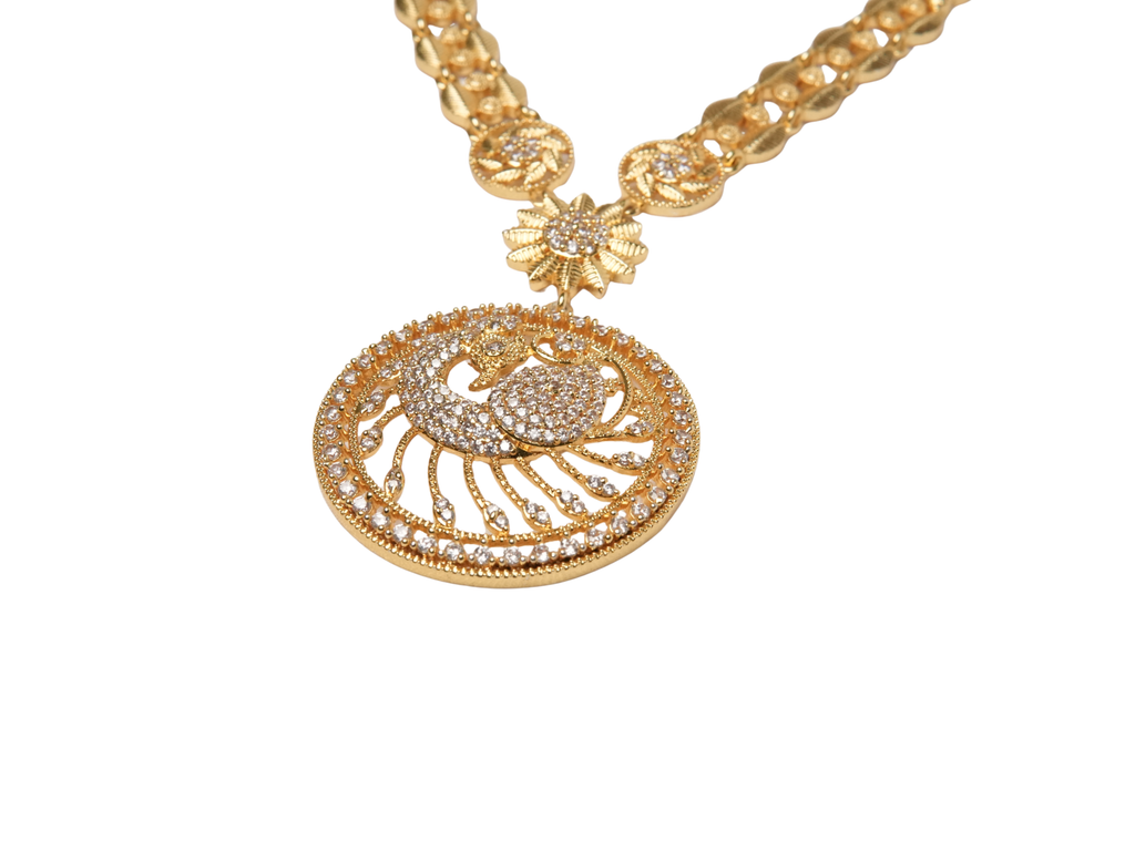 Gold Round Peacock Pendant Necklace | Multi-Strand Ball Chain | CZ Stone | KV-245