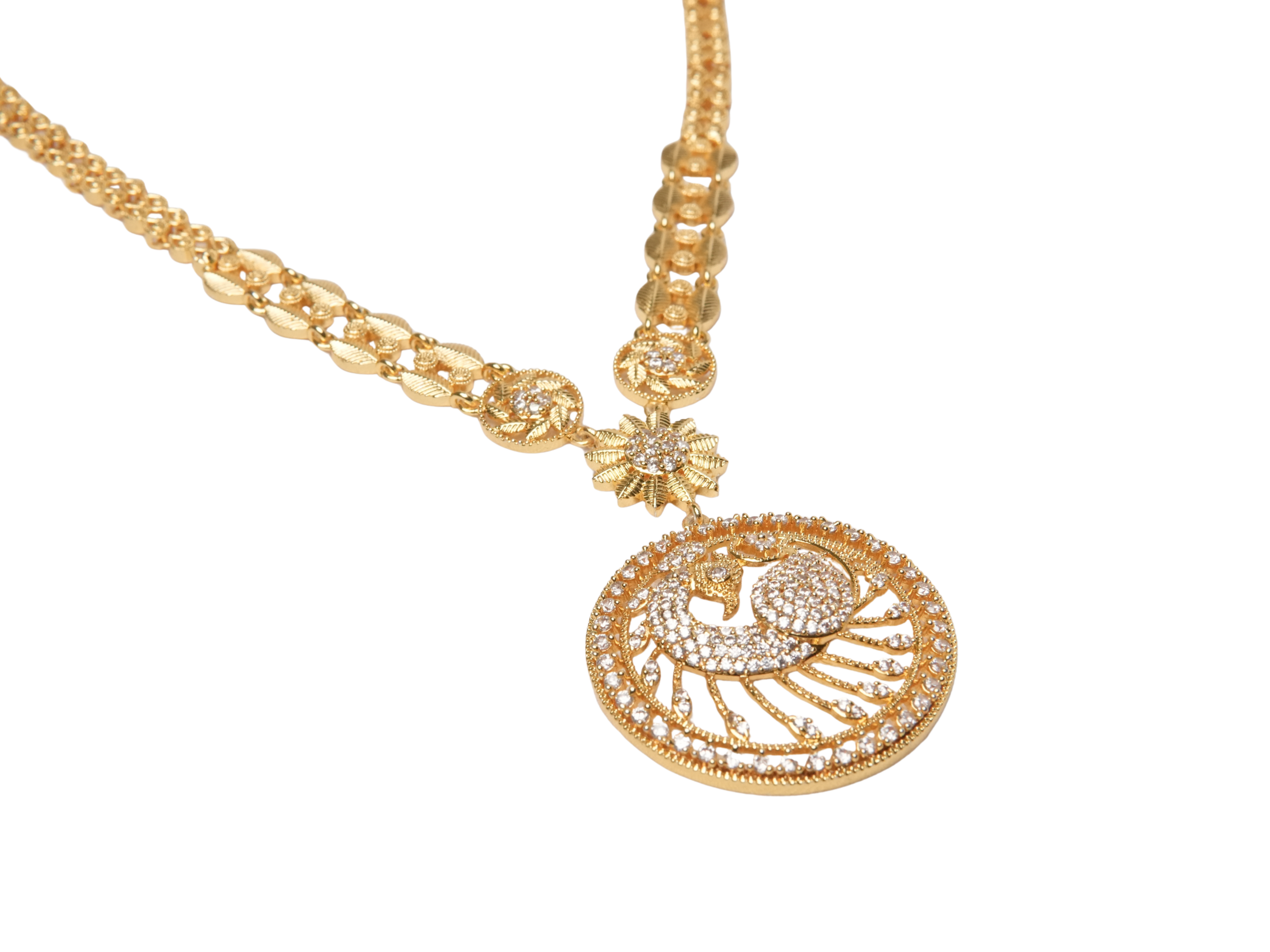 Gold Round Peacock Pendant Necklace | Multi-Strand Ball Chain | CZ Stone | KV-245