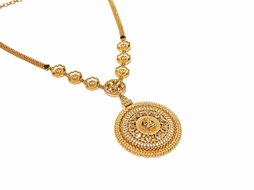 Gold Lakshmi Medallion Necklace | CZ Floral Chain | Temple Festive Wear | KV-248