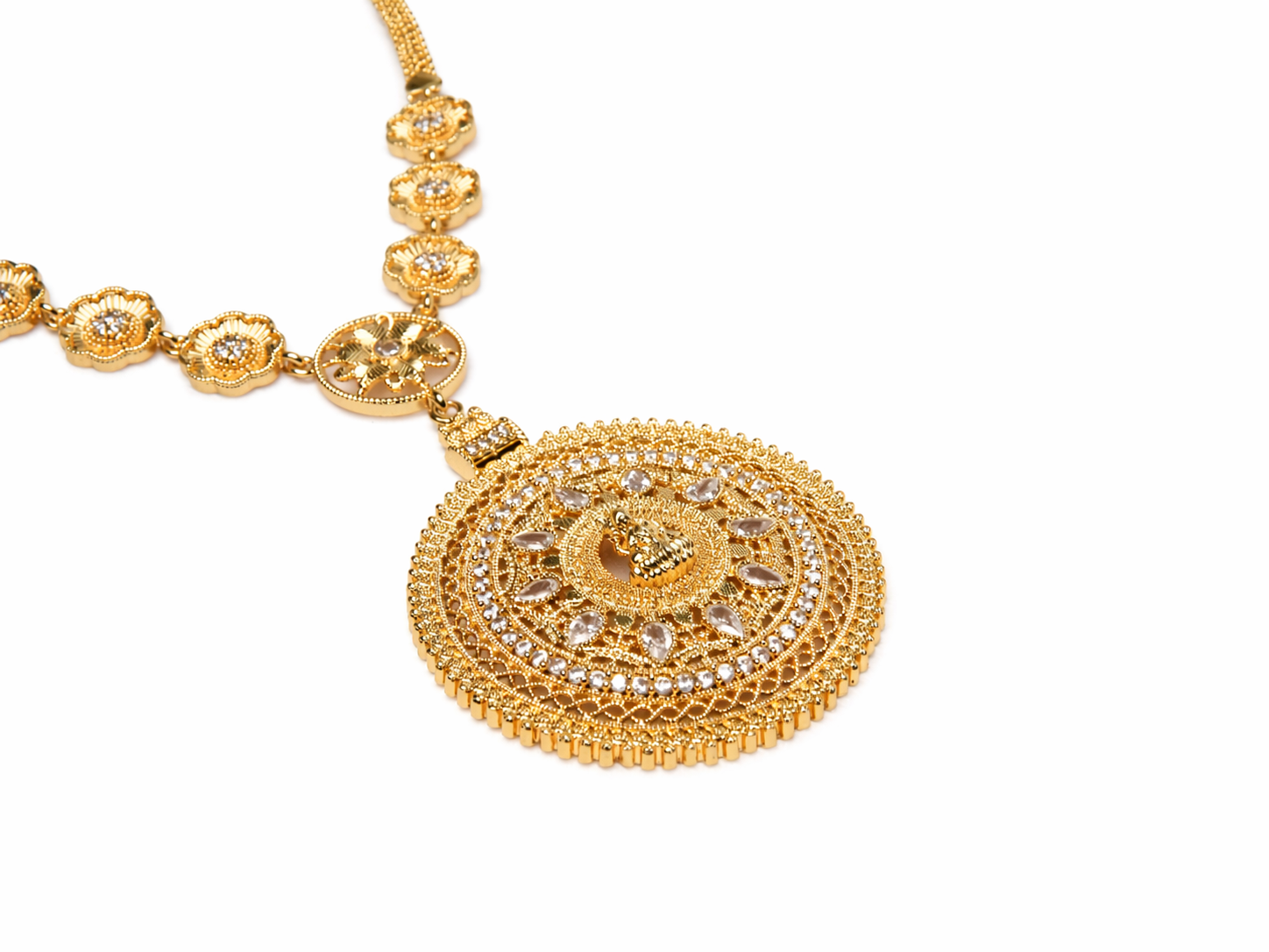 Gold Lakshmi Medallion Necklace | CZ Floral Chain | Temple Festive Wear | KV-248