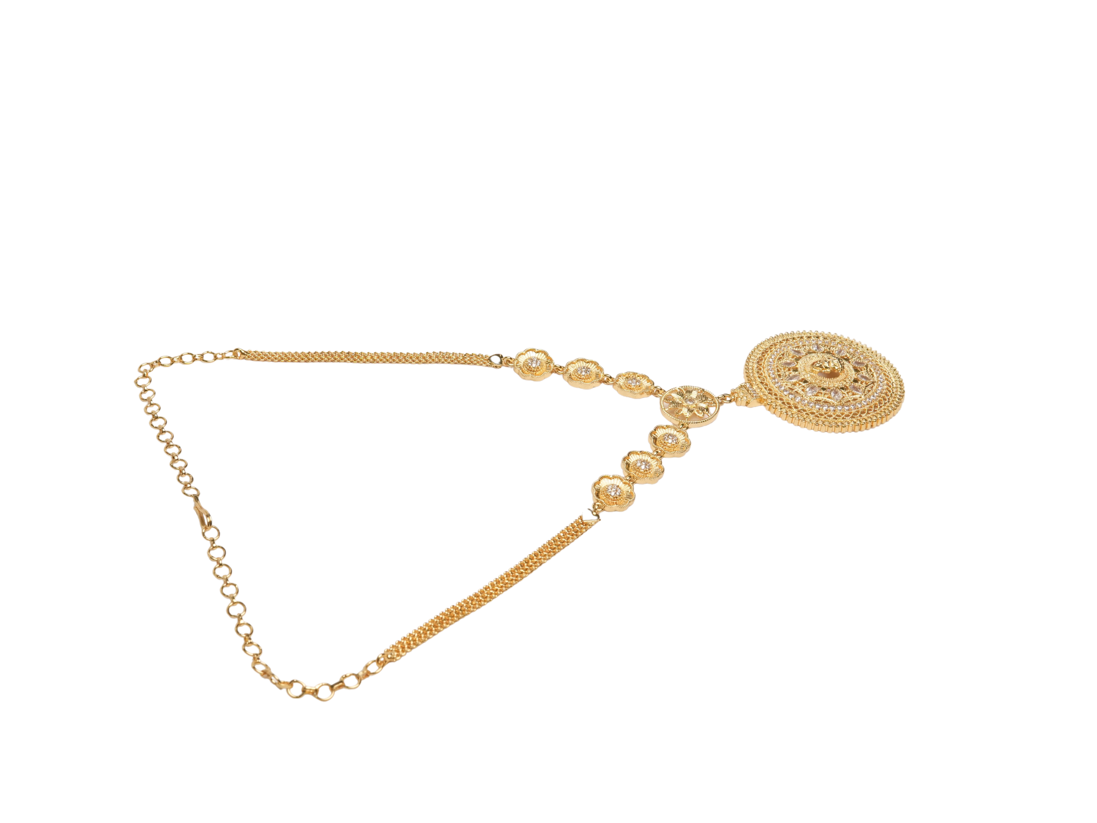 Gold Lakshmi Medallion Necklace | CZ Floral Chain | Temple Festive Wear | KV-248