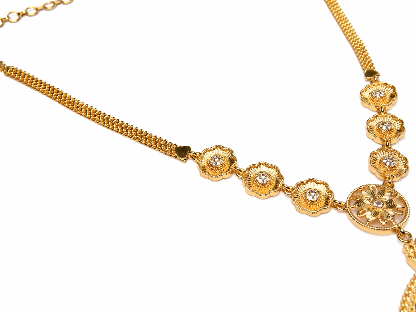 Gold Lakshmi Medallion Necklace | CZ Floral Chain | Temple Festive Wear | KV-248