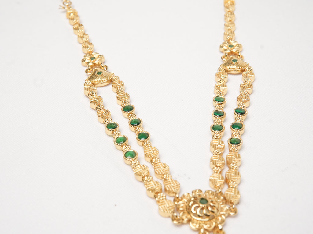 Gold Double Strand Necklace | Emerald Green Floral Pendant | Bridal Festive | KV-250