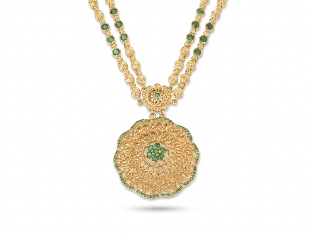 Gold Double Strand Necklace | Emerald Green Floral Pendant | Bridal Festive | KV-250