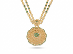 Gold Double Strand Necklace | Emerald Green Floral Pendant | Bridal Festive | KV-250