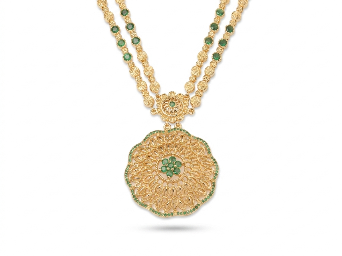 Gold Double Strand Necklace | Emerald Green Floral Pendant | Bridal Festive | KV-250