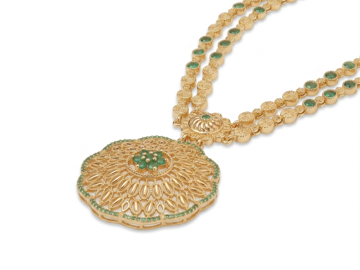 Gold Double Strand Necklace | Emerald Green Floral Pendant | Bridal Festive | KV-250