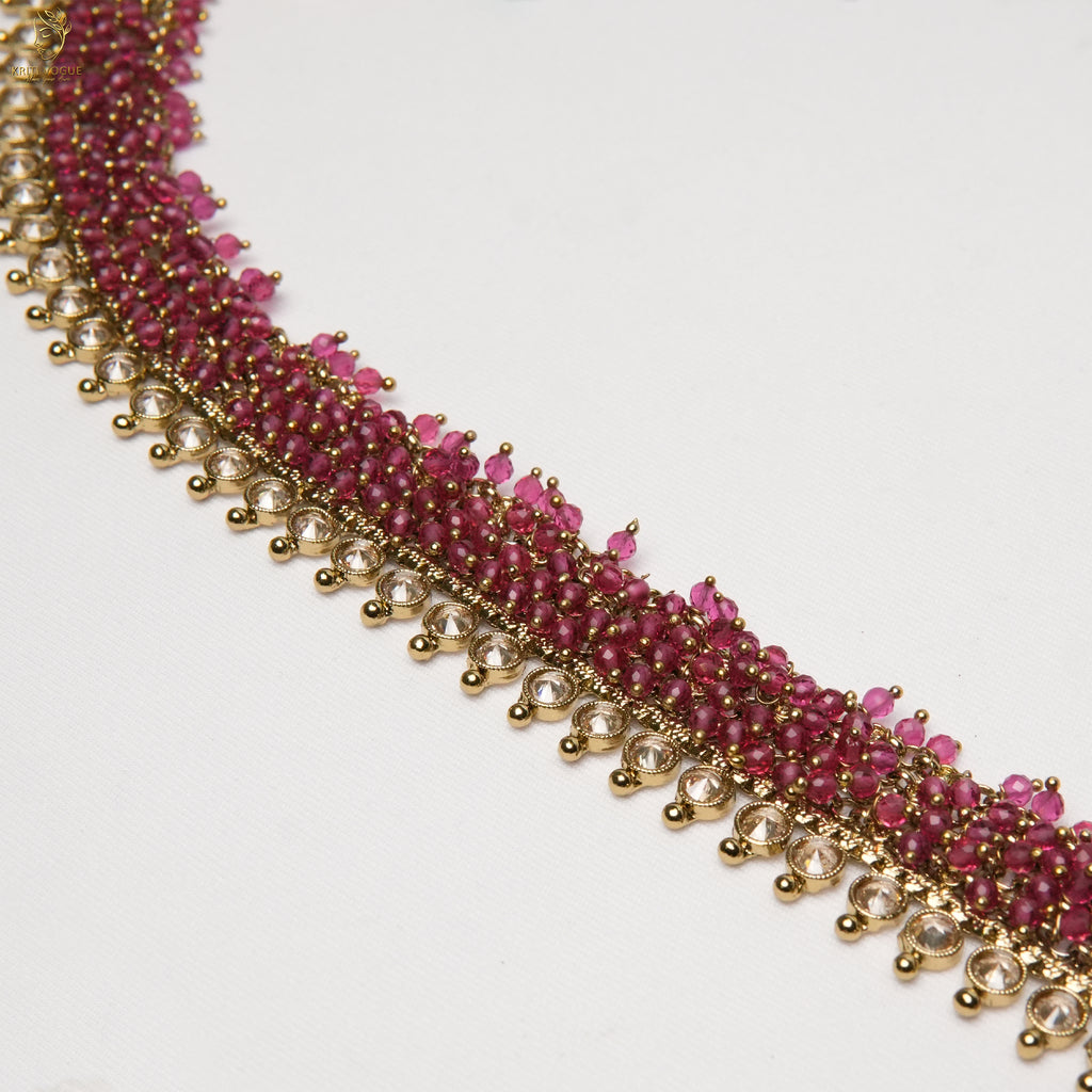 Gold Ruby Pink Crystal Long Haram Set | Dense Drop Necklace | Festive Bridal | KV-392