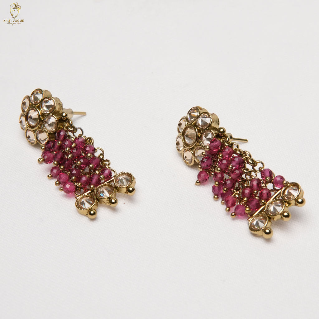 Gold Ruby Pink Crystal Long Haram Set | Dense Drop Necklace | Festive Bridal | KV-392