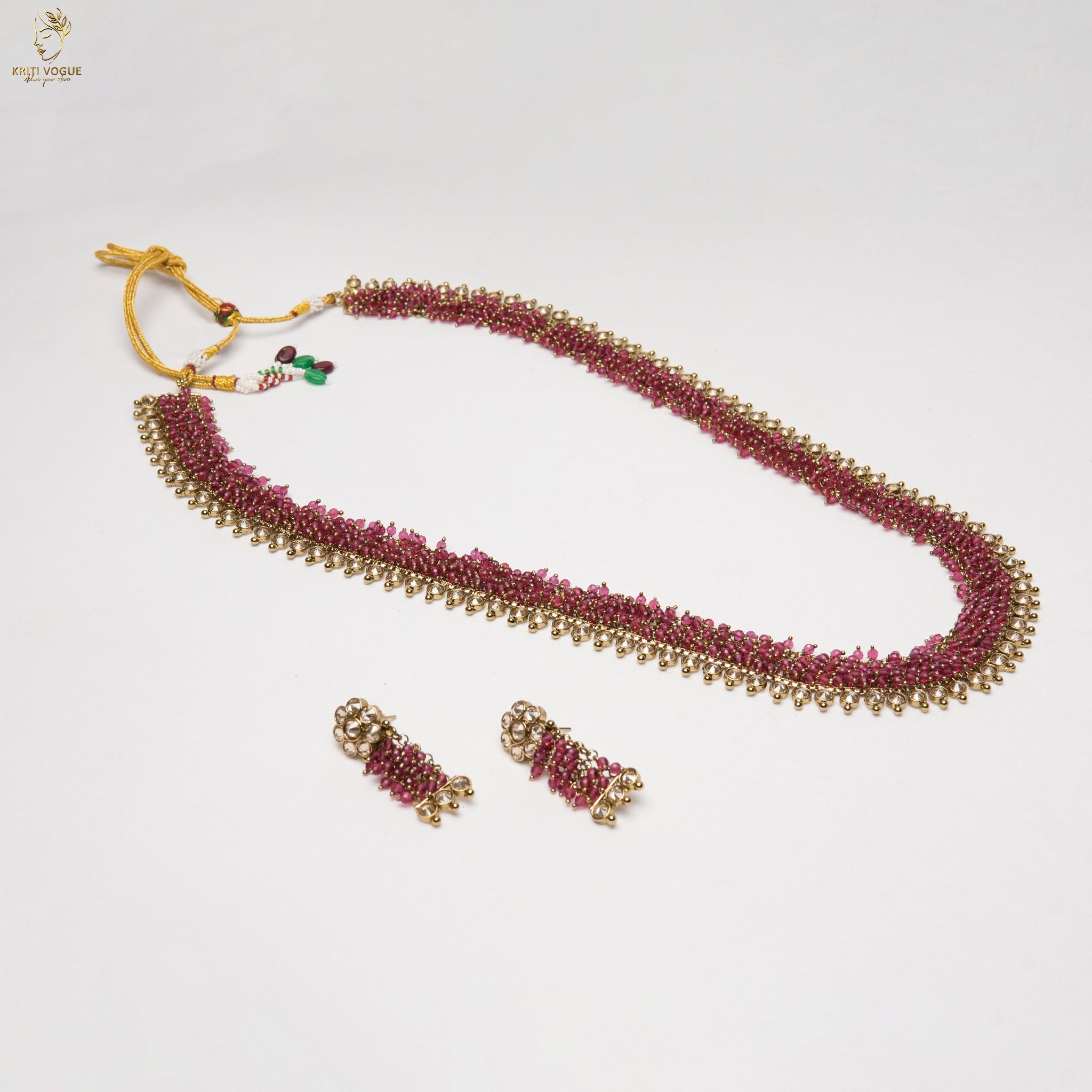 Gold Ruby Pink Crystal Long Haram Set | Dense Drop Necklace | Festive Bridal | KV-392
