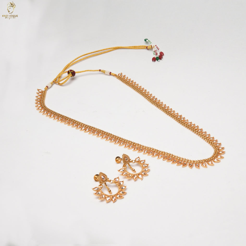 Gold Long Leaf Haram Set | Petal Fringe Necklace | Chand Earrings | KV-5053